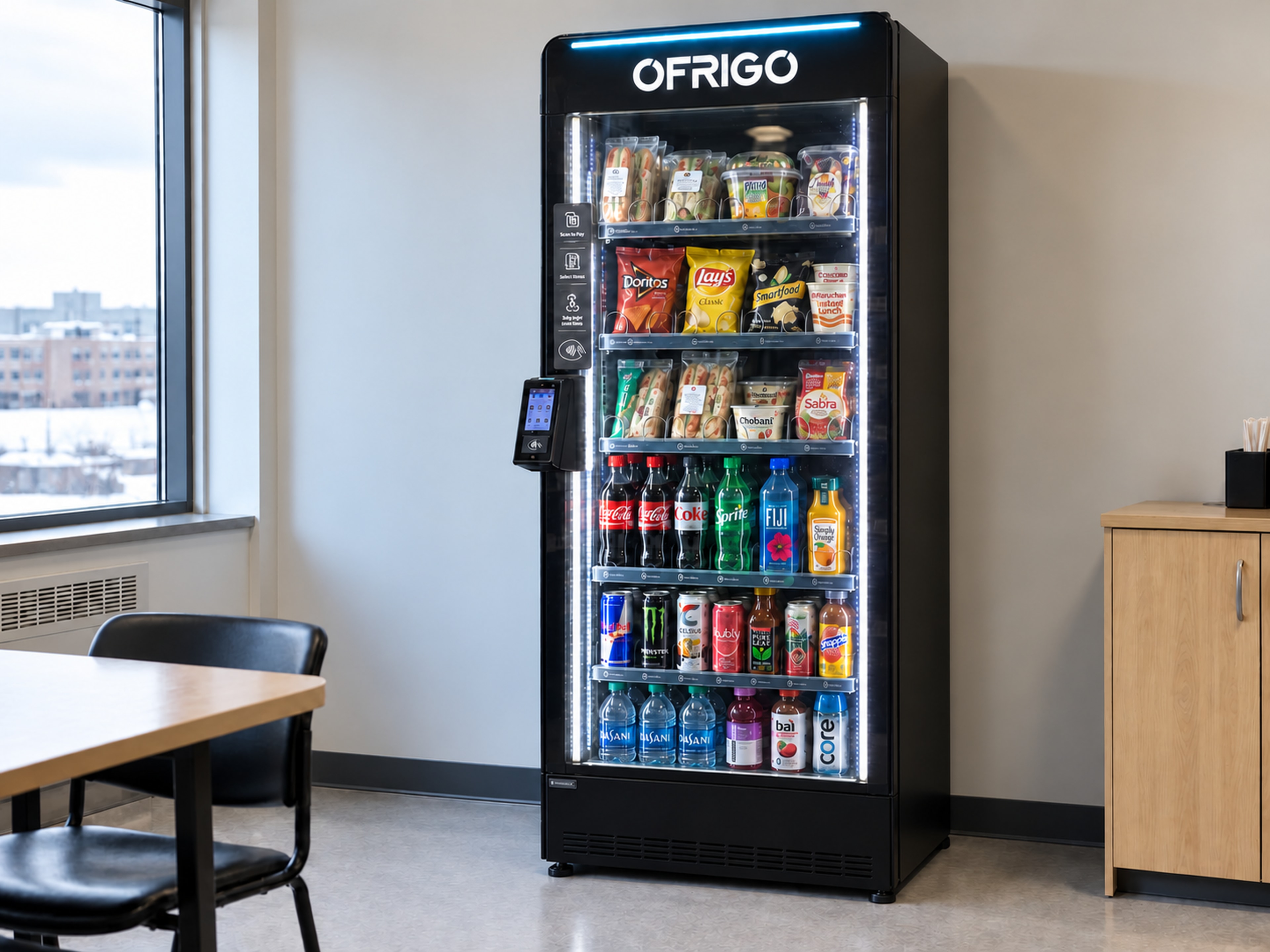 Frigo intelligent garni de repas, de boissons et de collations dans une salle de pause.